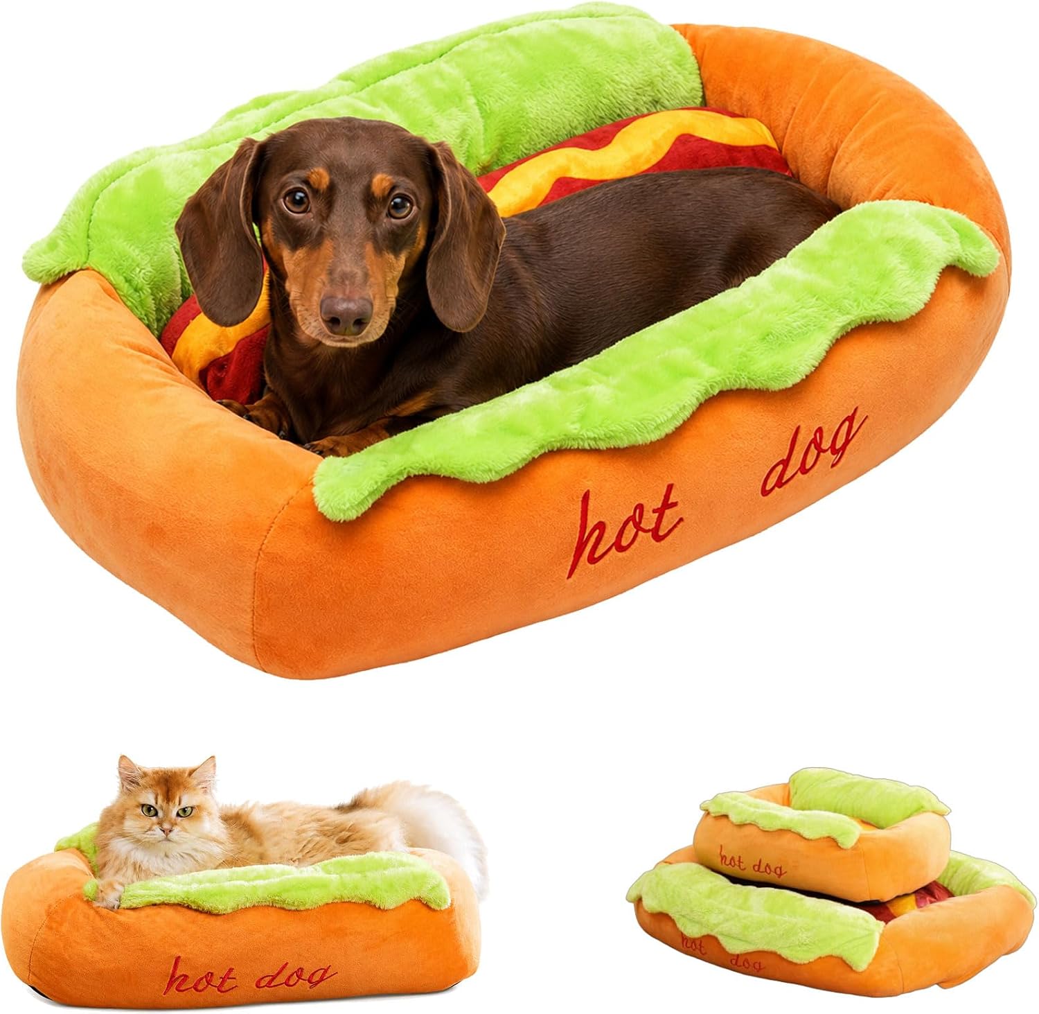 Hot Dog Dog Bed, Soft Plush Small Cute and Warm Cozy Food Dog Cat Bed
