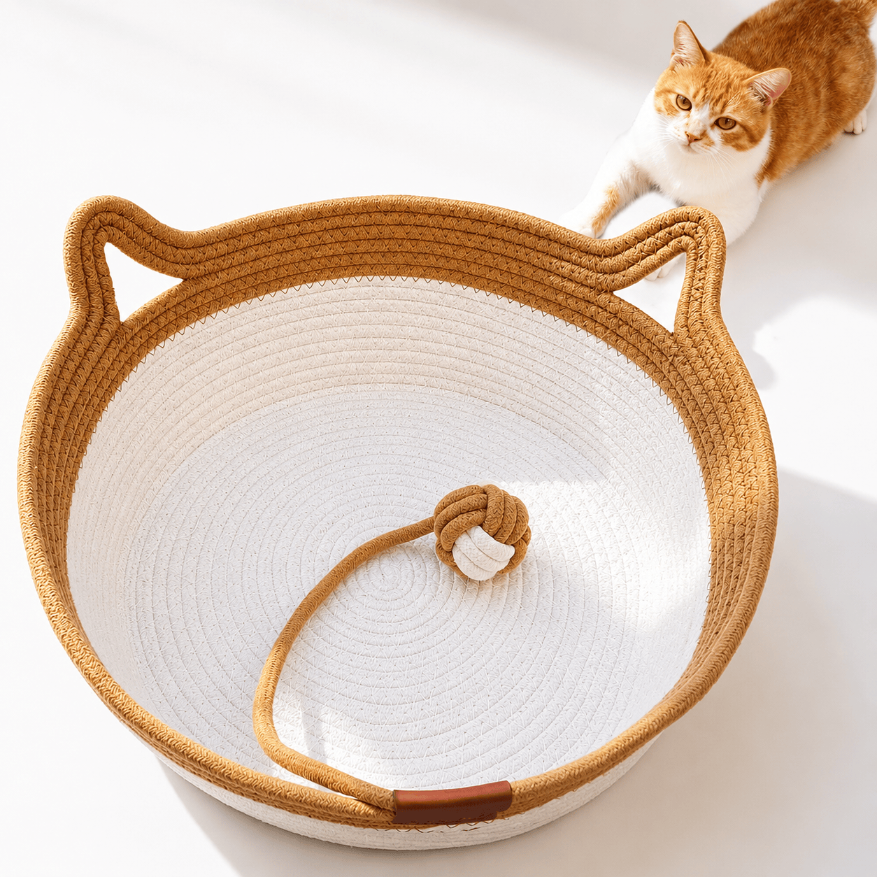 Handwoven Cotton Rope Cat Basket Bed with Scratcher & Hanging Toy